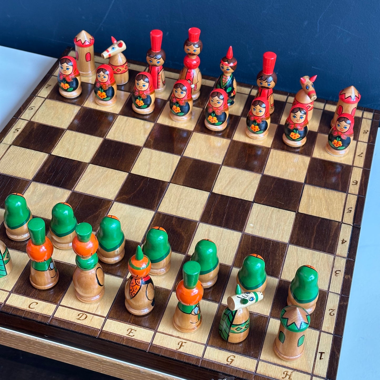 Vintage Eastern European Hand Painted Wood Chess Set