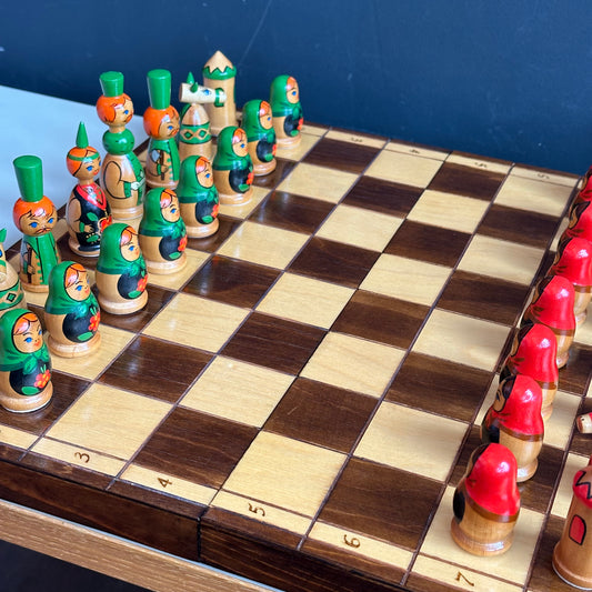 Vintage Eastern European Hand Painted Wood Chess Set