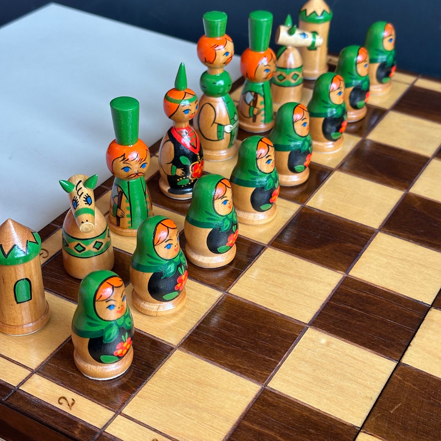 Vintage Eastern European Hand Painted Wood Chess Set