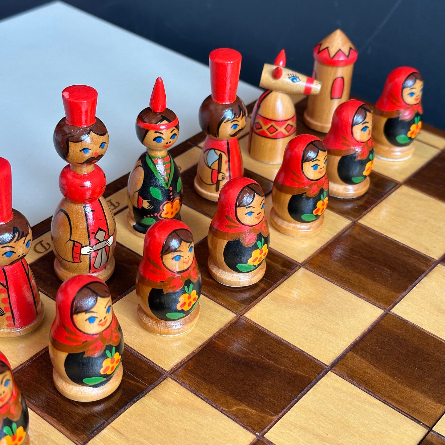 Vintage Eastern European Hand Painted Wood Chess Set