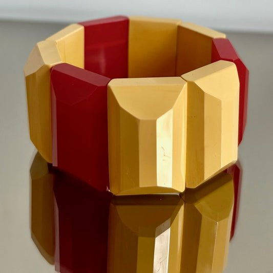 Vintage Pale Yellow and Bright Red Bakelite Stretch Bracelet