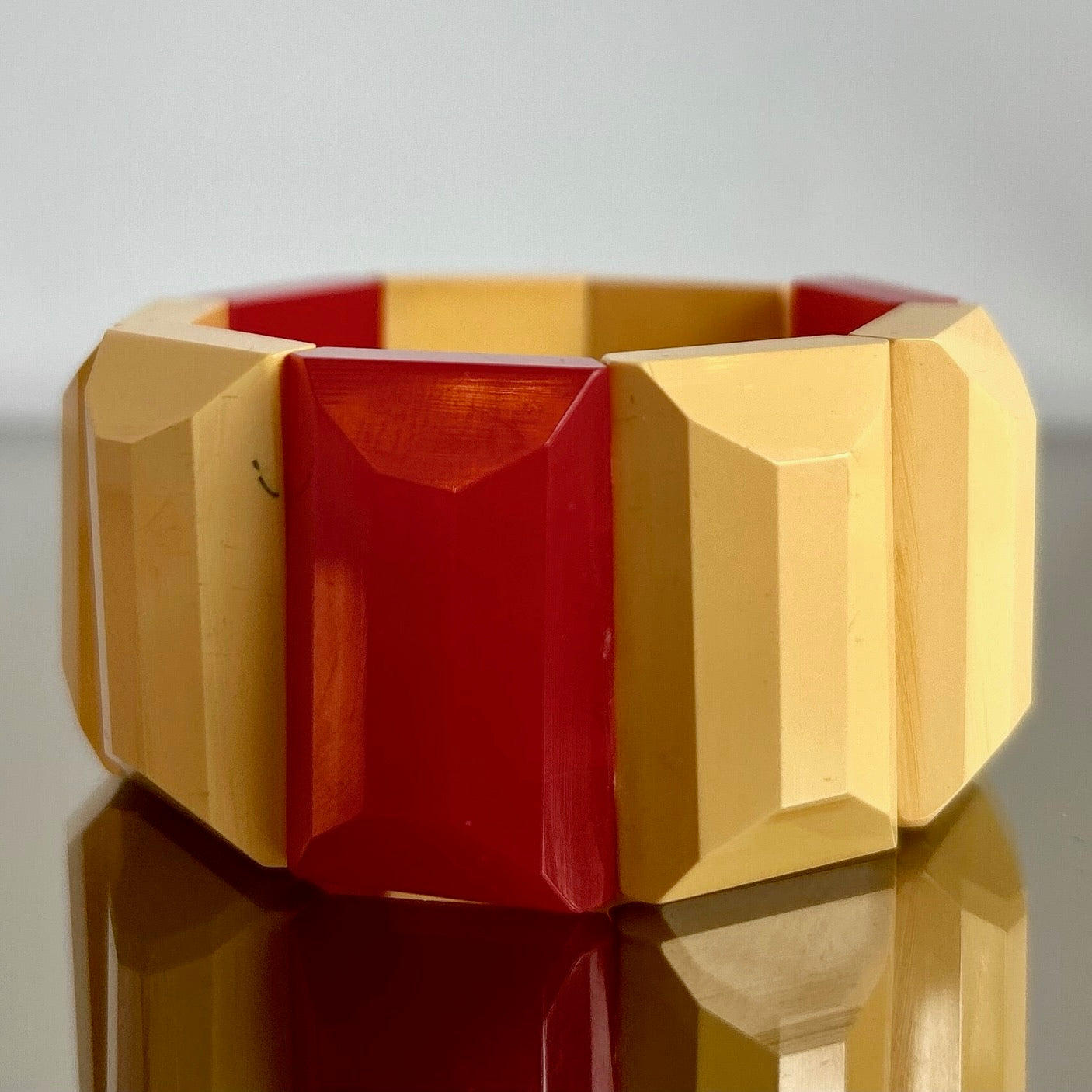 Vintage Pale Yellow and Bright Red Bakelite Stretch Bracelet