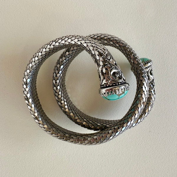 Vintage Whiting & Davis Co. Turquoise & Silver Metal Mesh Bracelet/Cuff