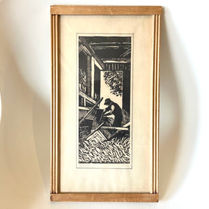 Vintage George Raab, Threshing, Blockprint, Framed