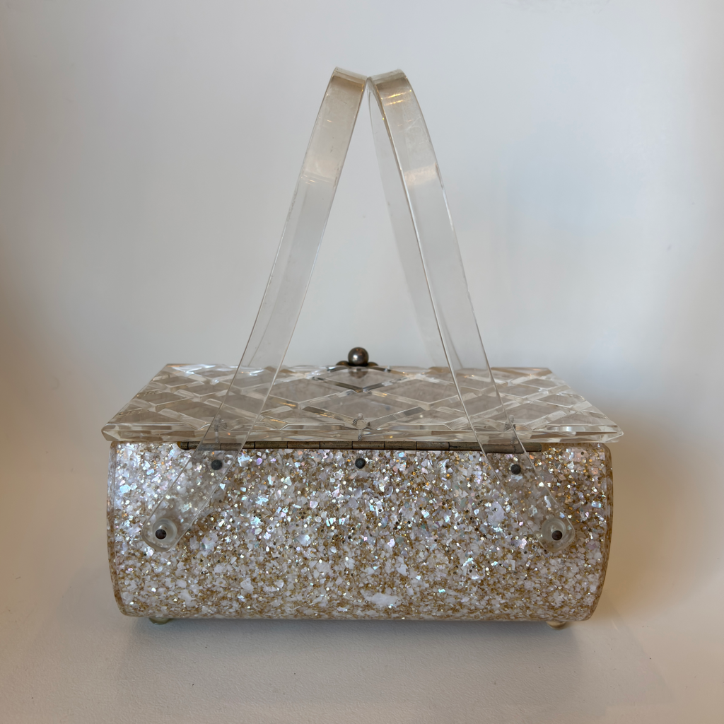 Vintage Charles S Kahn Confetti & Diamond Lucite Purse (1132a)