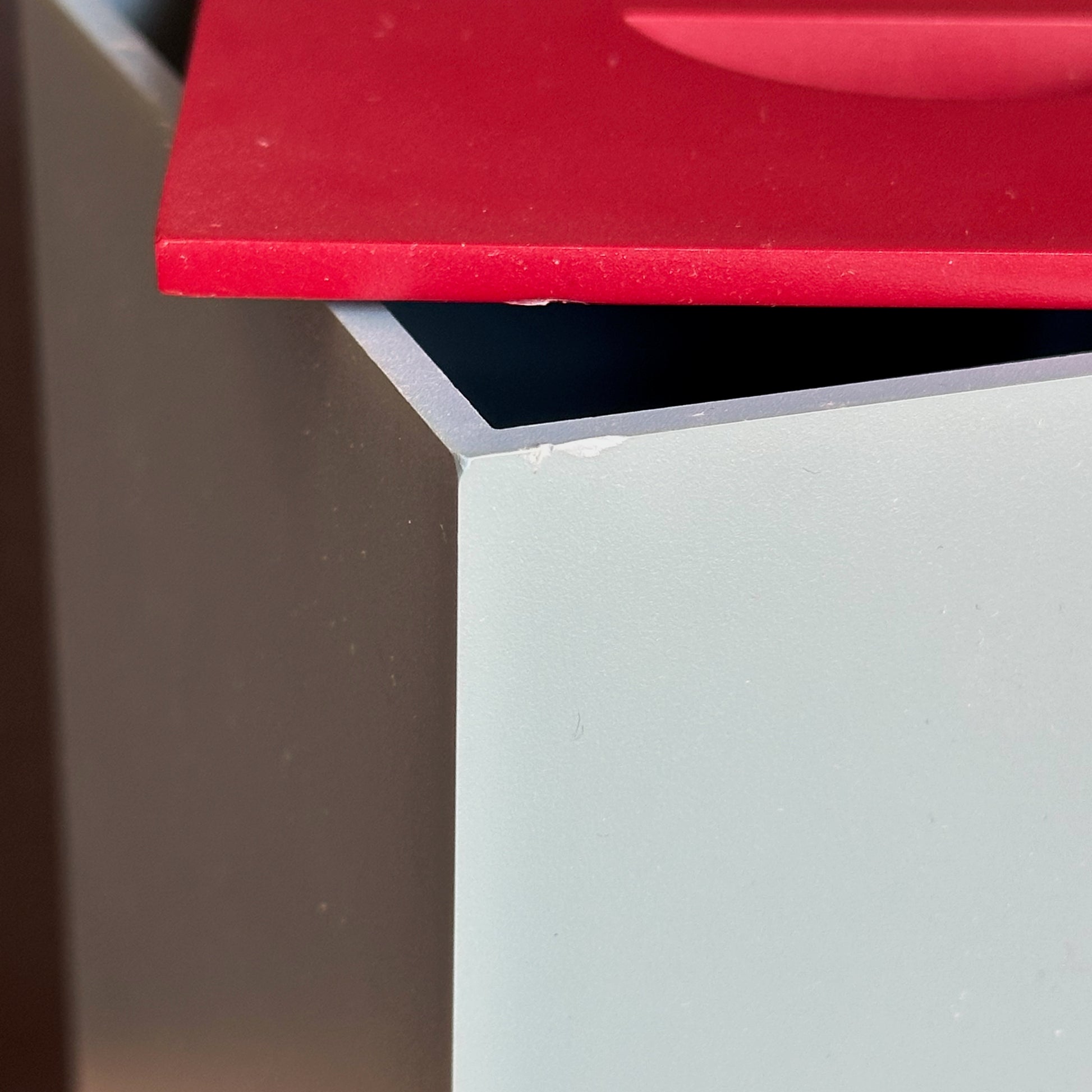 Michael Graves x Alessi blue canister with red lid and feet details