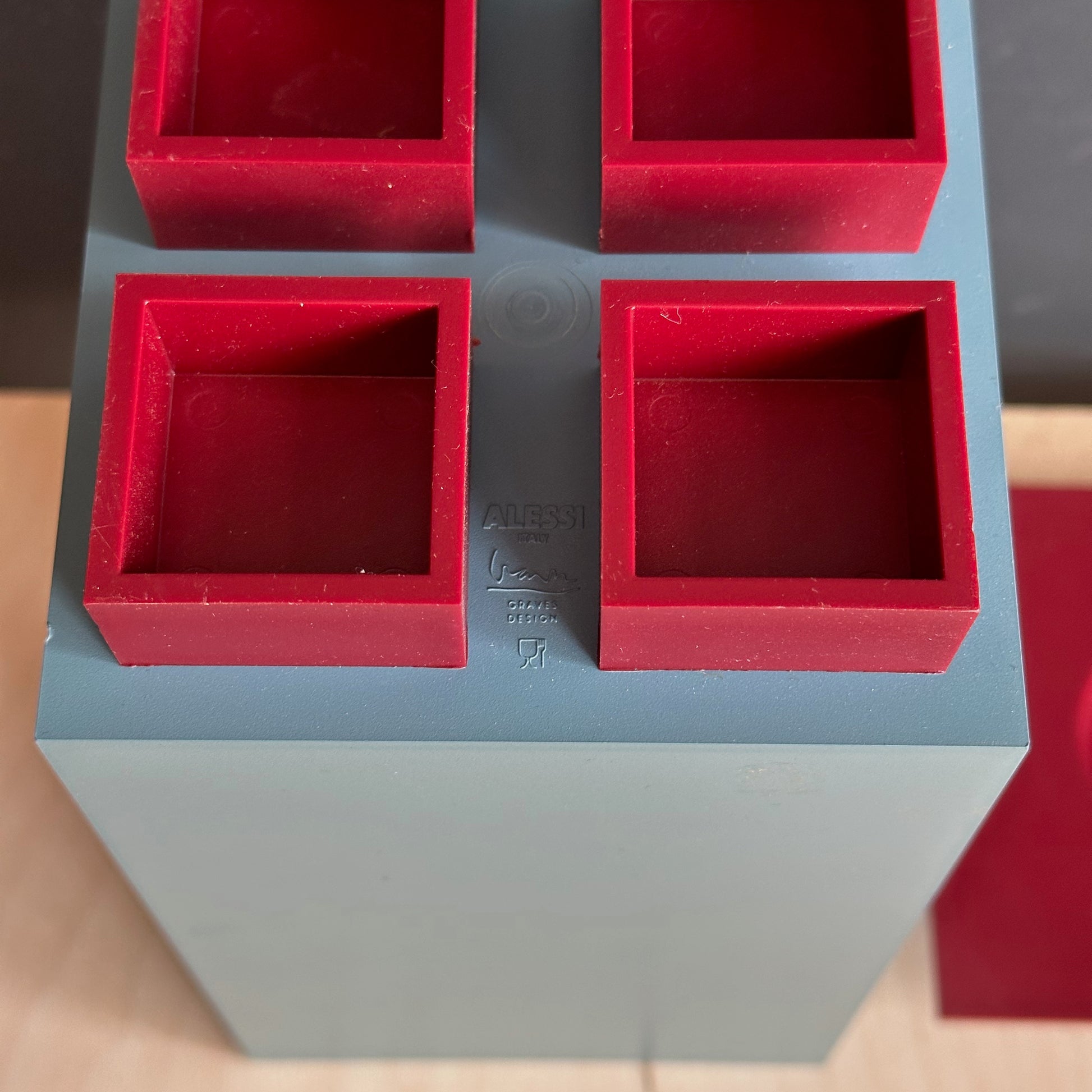 Michael Graves x Alessi blue canister with red lid and feet