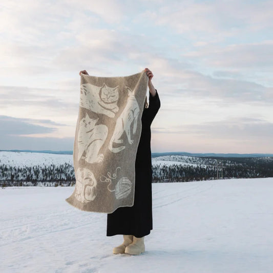 Person holding a small blanket with cats  design in a snowy landscape