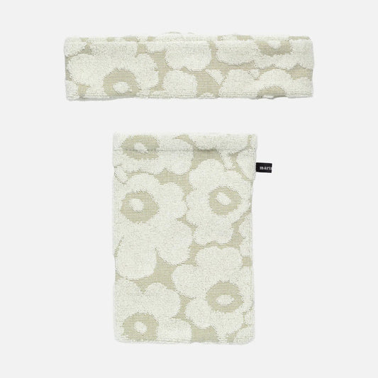 Marimekko Mini Unikko Terry Bath Mitt and Headband in green umber and cream