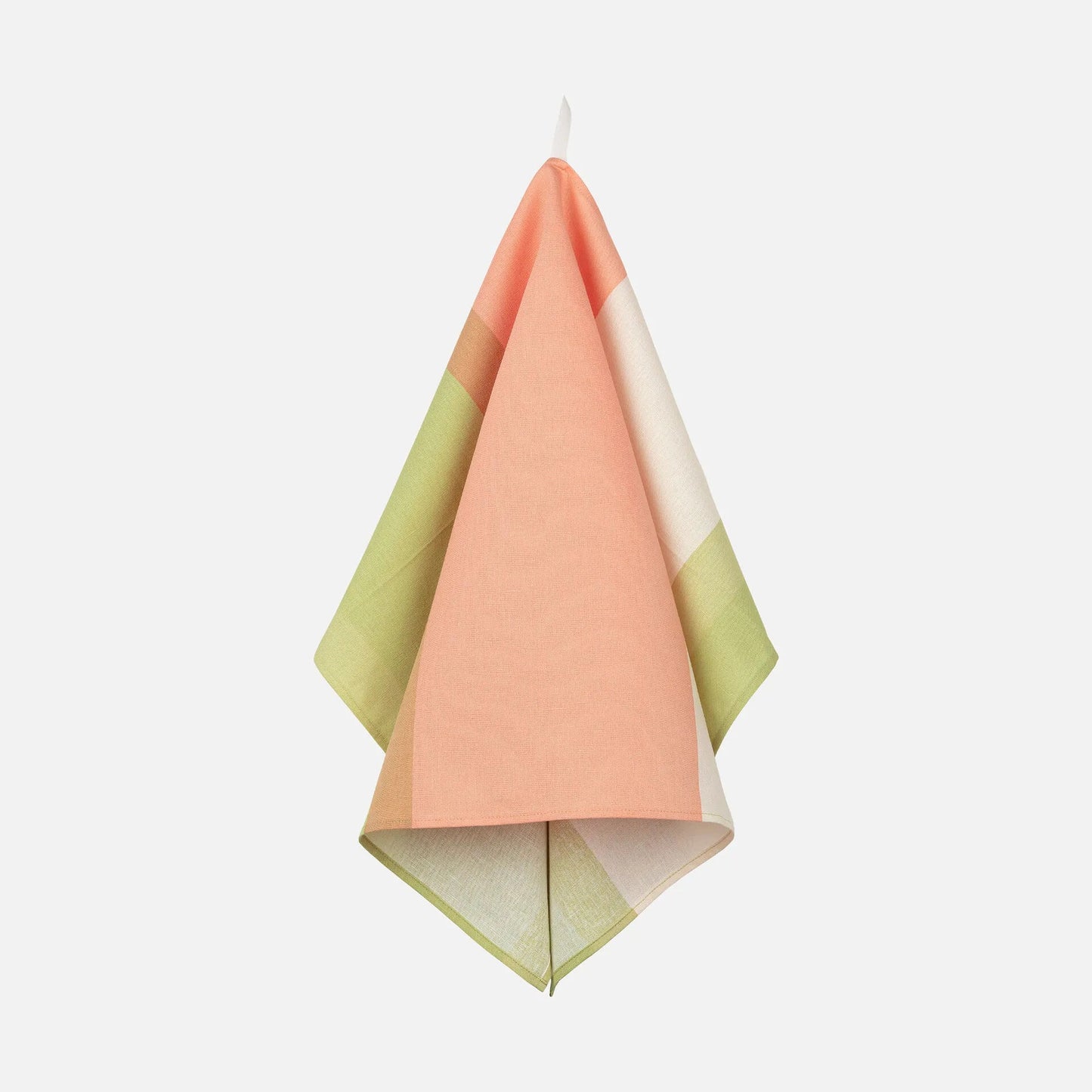 Color-blocked striped towel with green, and pink on a white background