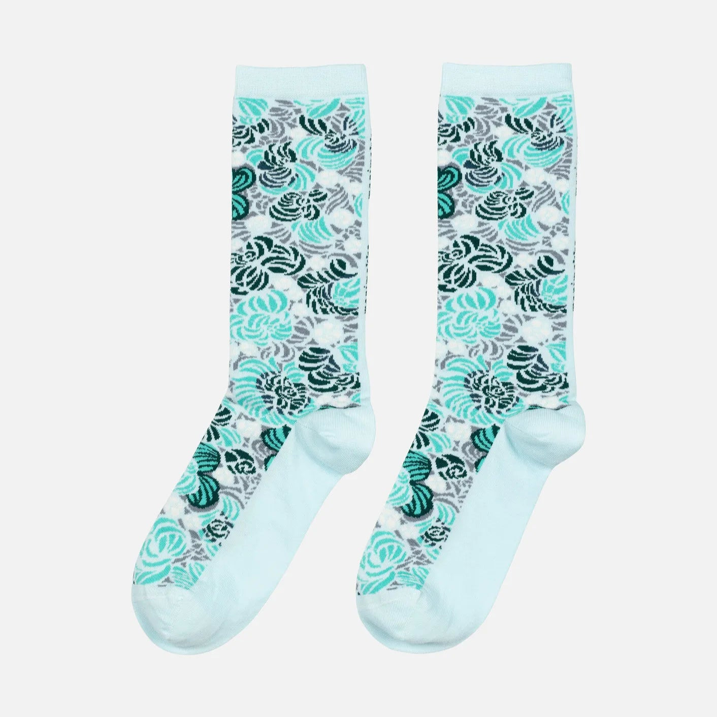 Pair of socks with floral pattern on a light blue background