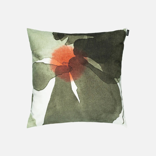 Marimekko decorative pillow cover with the Valssi pattern - a green and red floral design on a white background.