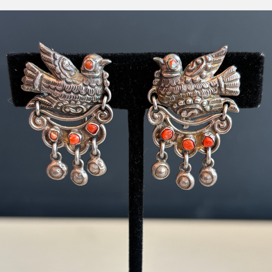 Vintage MATL Matilde Poulat Mexican Silver & Coral Bird Screw Back Earrings