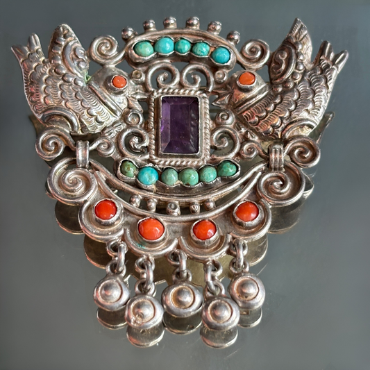 Vintage MATL Matilde Poulat Two Birds Silver, Turquoise, Coral and Amethyst Brooch