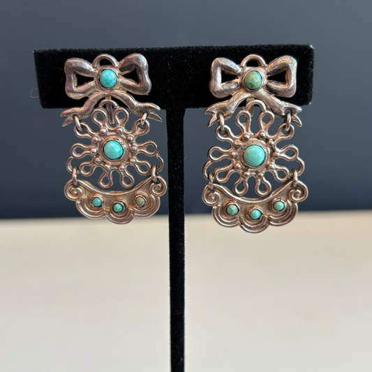 Vintage MATL Matilde Poulat Sterling Silver & Turquoise Bow Screw Back Earrings
