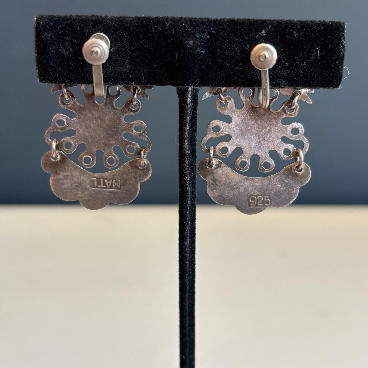 Vintage MATL Matilde Poulat Sterling Silver & Turquoise Bow Screw Back Earrings