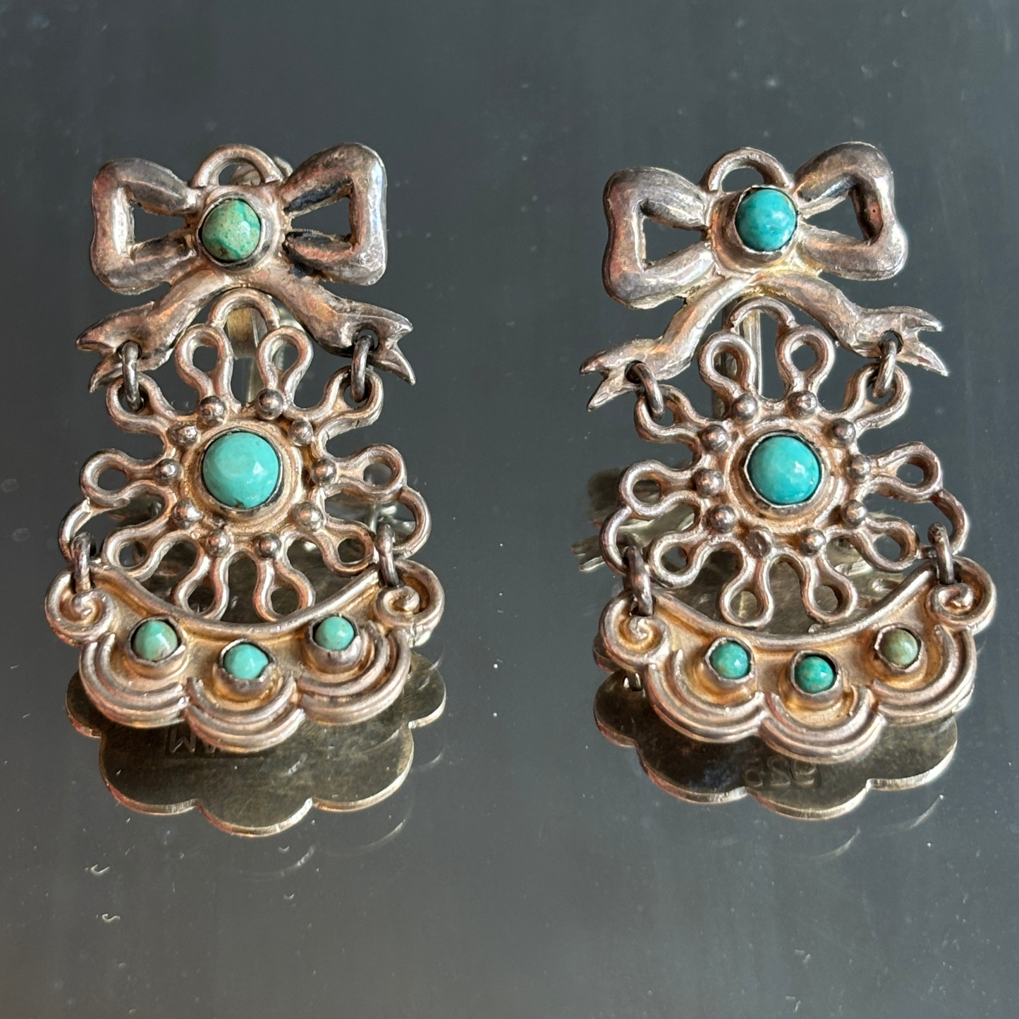 Vintage MATL Matilde Poulat Sterling Silver & Turquoise Bow Screw Back Earrings