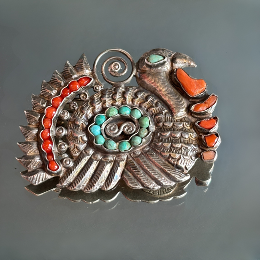 Vintage MATL Matilde Poulat Sterling Silver, Coral & Turquoise Turkey Brooch