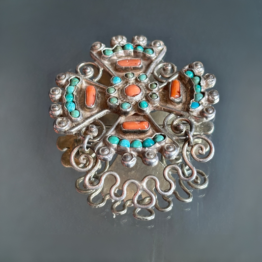 Vintage MATL Matilde Poulat Sterling Silver, Coral & Turquoise Maltese Cross Brooch