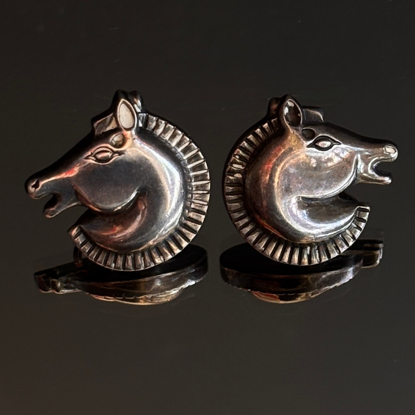 Vintage Antonio Pineda Taxco Silver Horse Head Screw Back Earrings