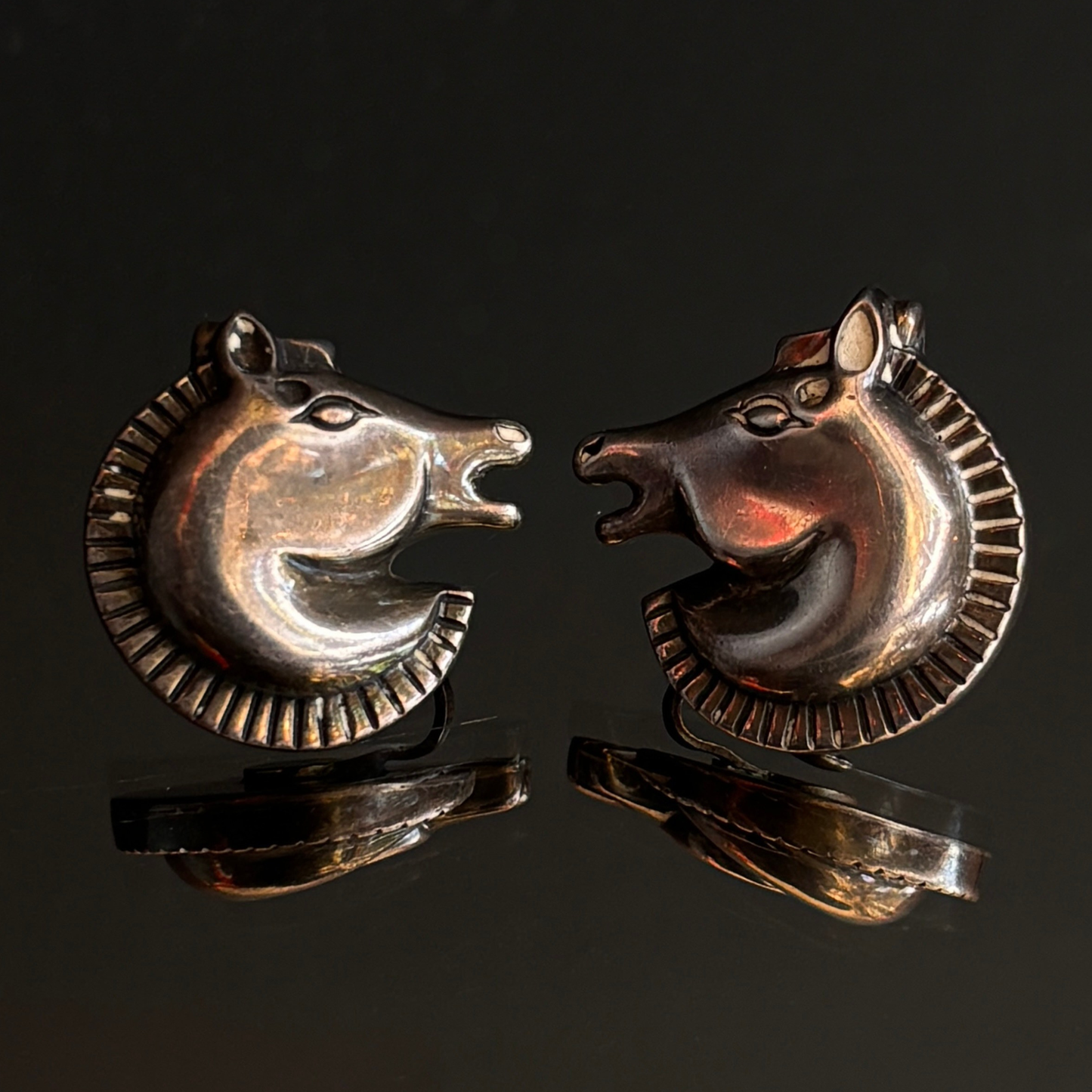Vintage Antonio Pineda Taxco Silver Horse Head Screw Back Earrings