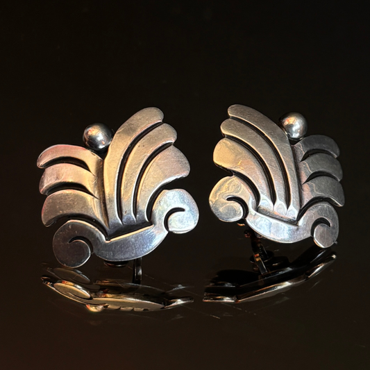 Vintage Hector Aguilar Taxco Silver Fan Screw Back Earrings