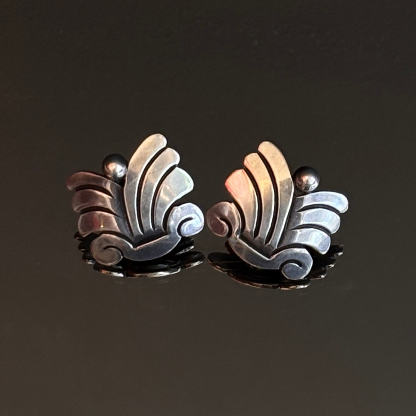 Vintage Hector Aguilar Taxco Silver Fan Screw Back Earrings