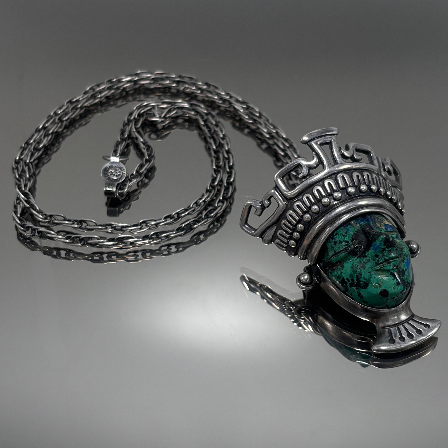 Los Ballesteros Mexican Sterling Silver and Malachite Face Mask Necklace