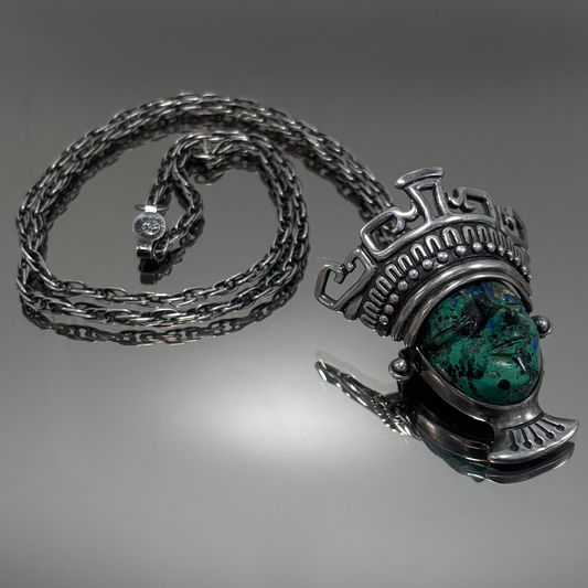 Los Ballesteros Mexican Sterling Silver and Malachite Face Mask Necklace