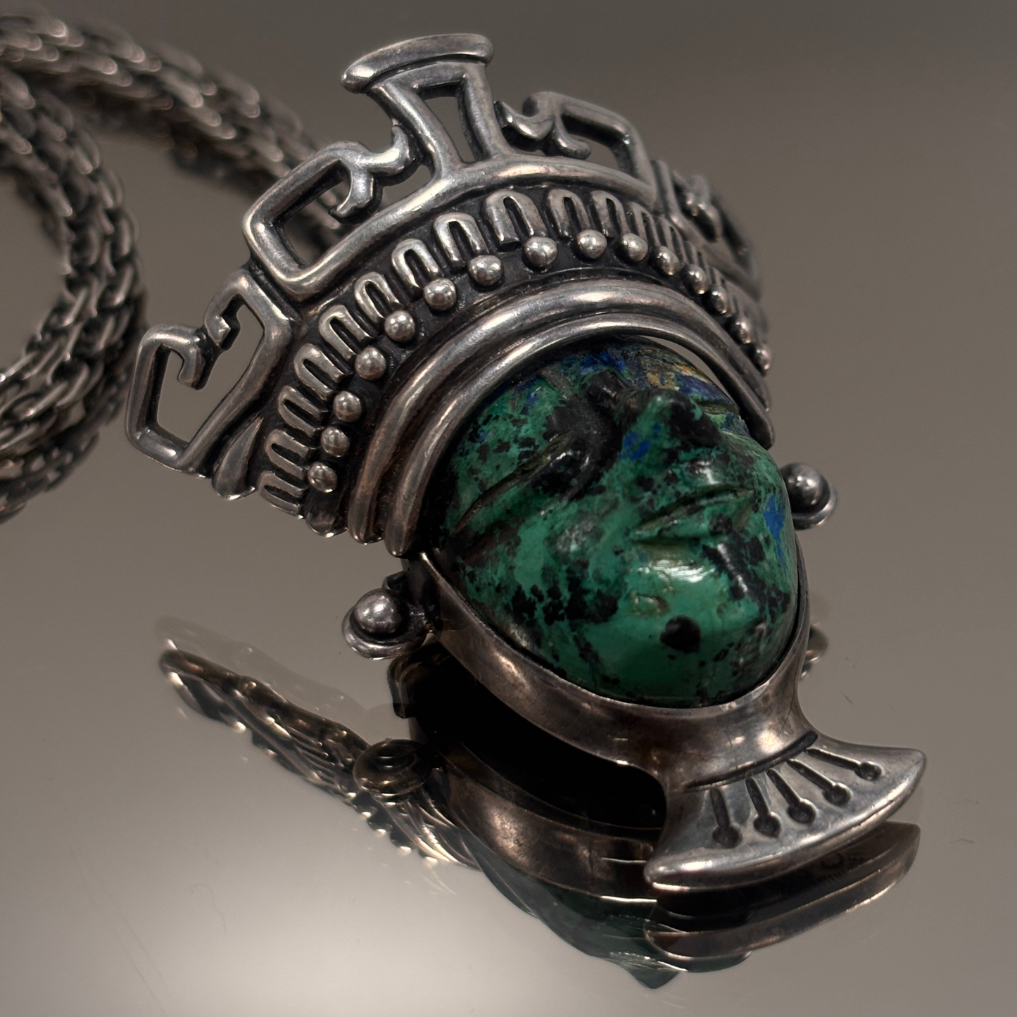Los Ballesteros Mexican Sterling Silver and Malachite Face Mask Necklace