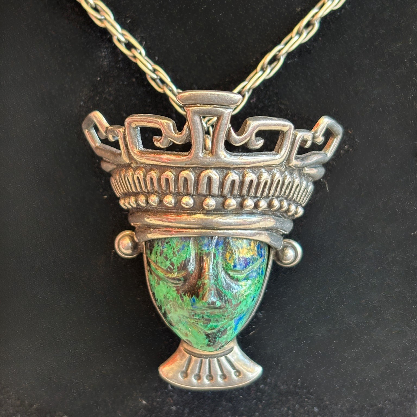 Los Ballesteros Mexican Sterling Silver and Malachite Face Mask Necklace