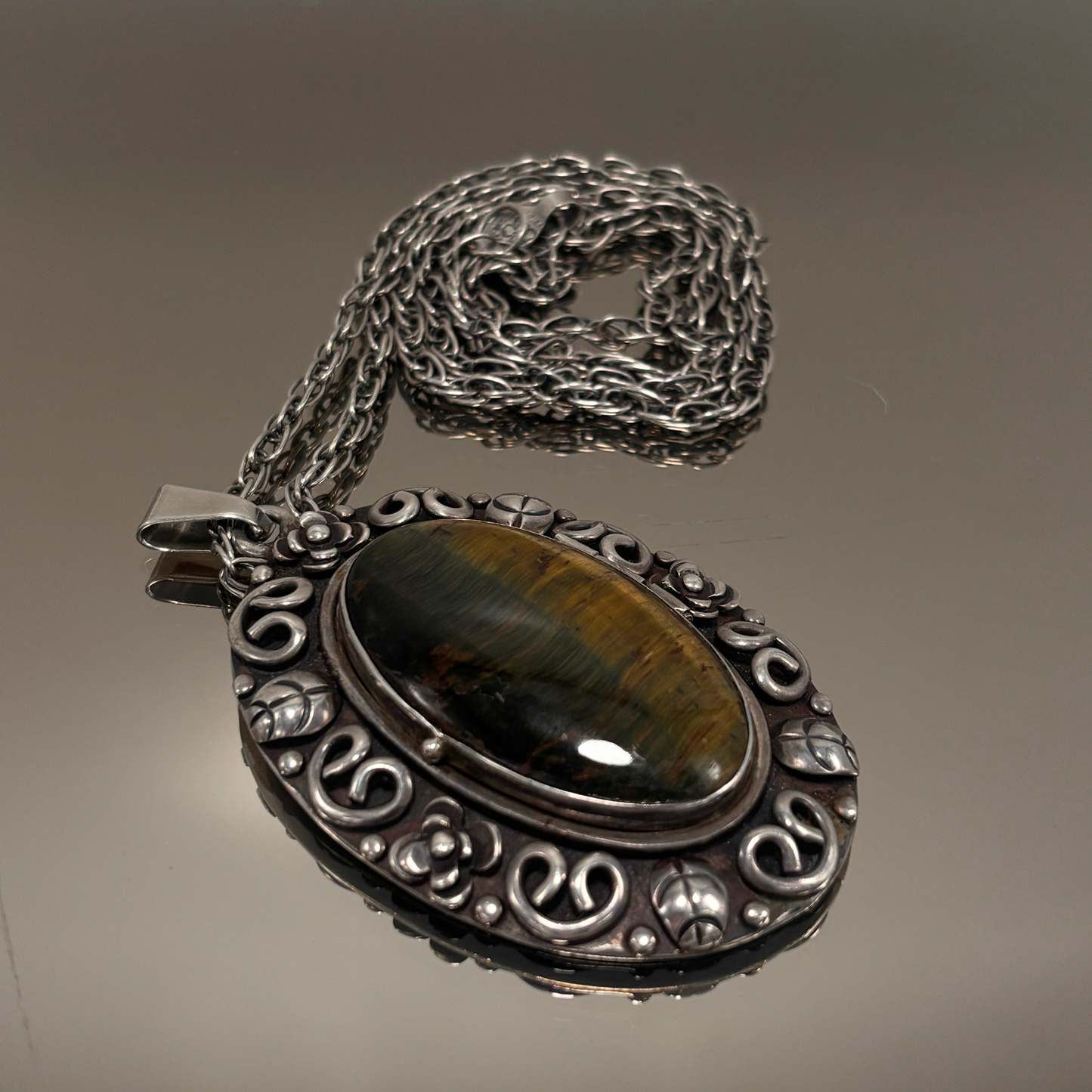 Los Ballesteros Mexican Sterling Silver and Tiger's Eye Locket Necklace
