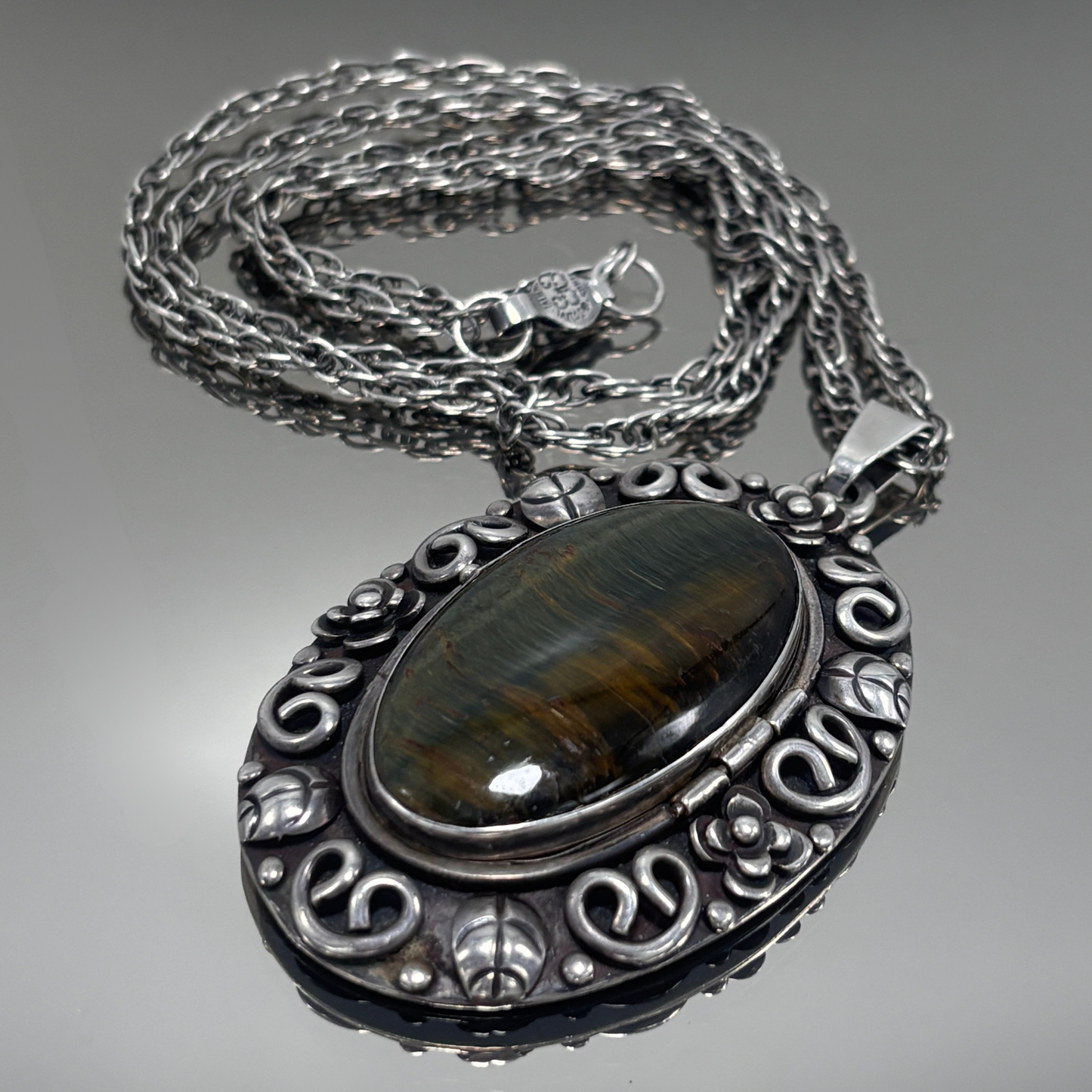 Los Ballesteros Mexican Sterling Silver and Tiger's Eye Locket Necklace