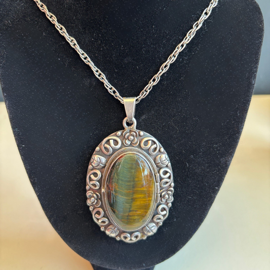 Los Ballesteros Mexican Sterling Silver and Tiger's Eye Locket Necklace