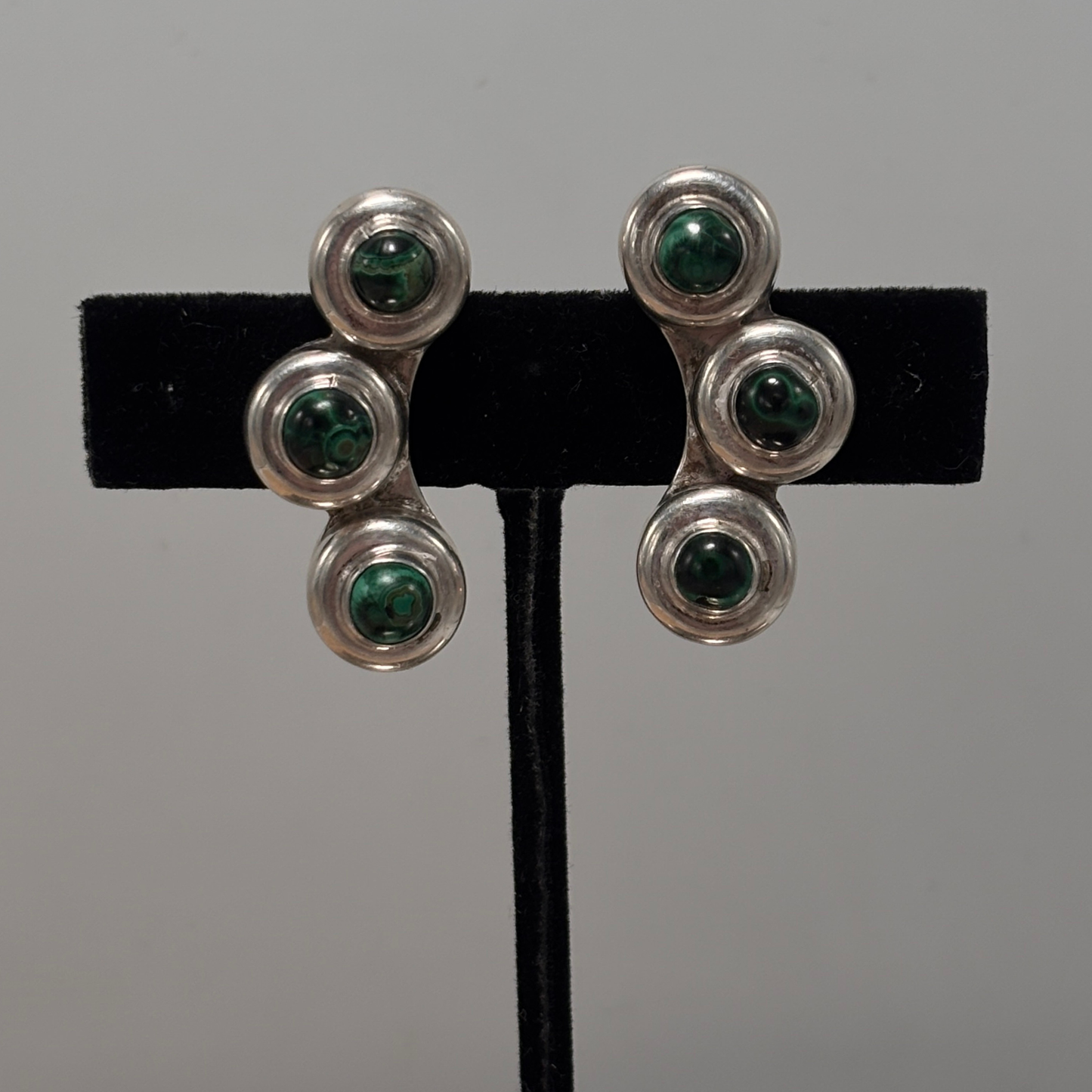 Vintage Mexican Silver & Malachite Screw Back Huggie Earrings