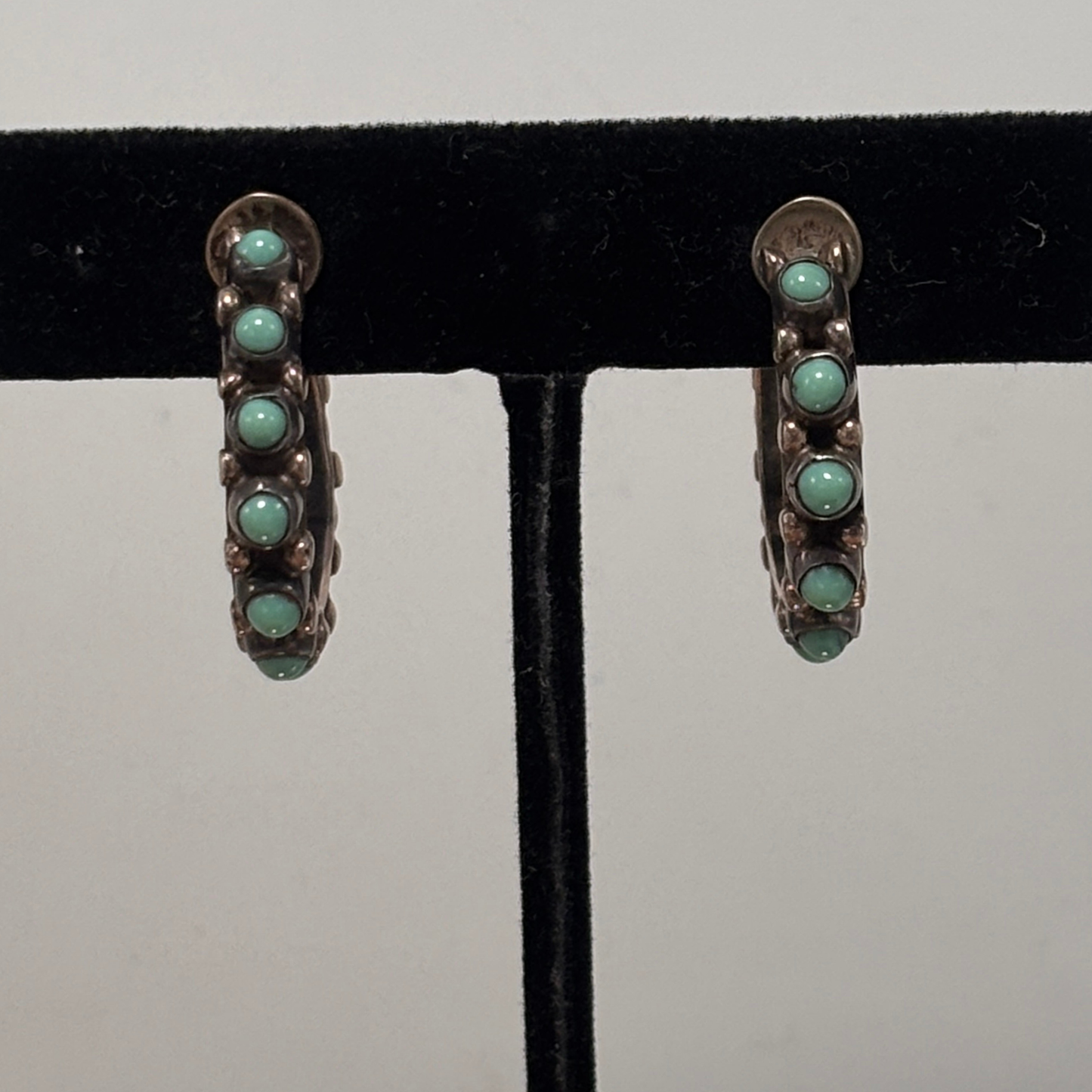 Vintage Mexican Silver & Turquoise Screw Back Hoop Earrings