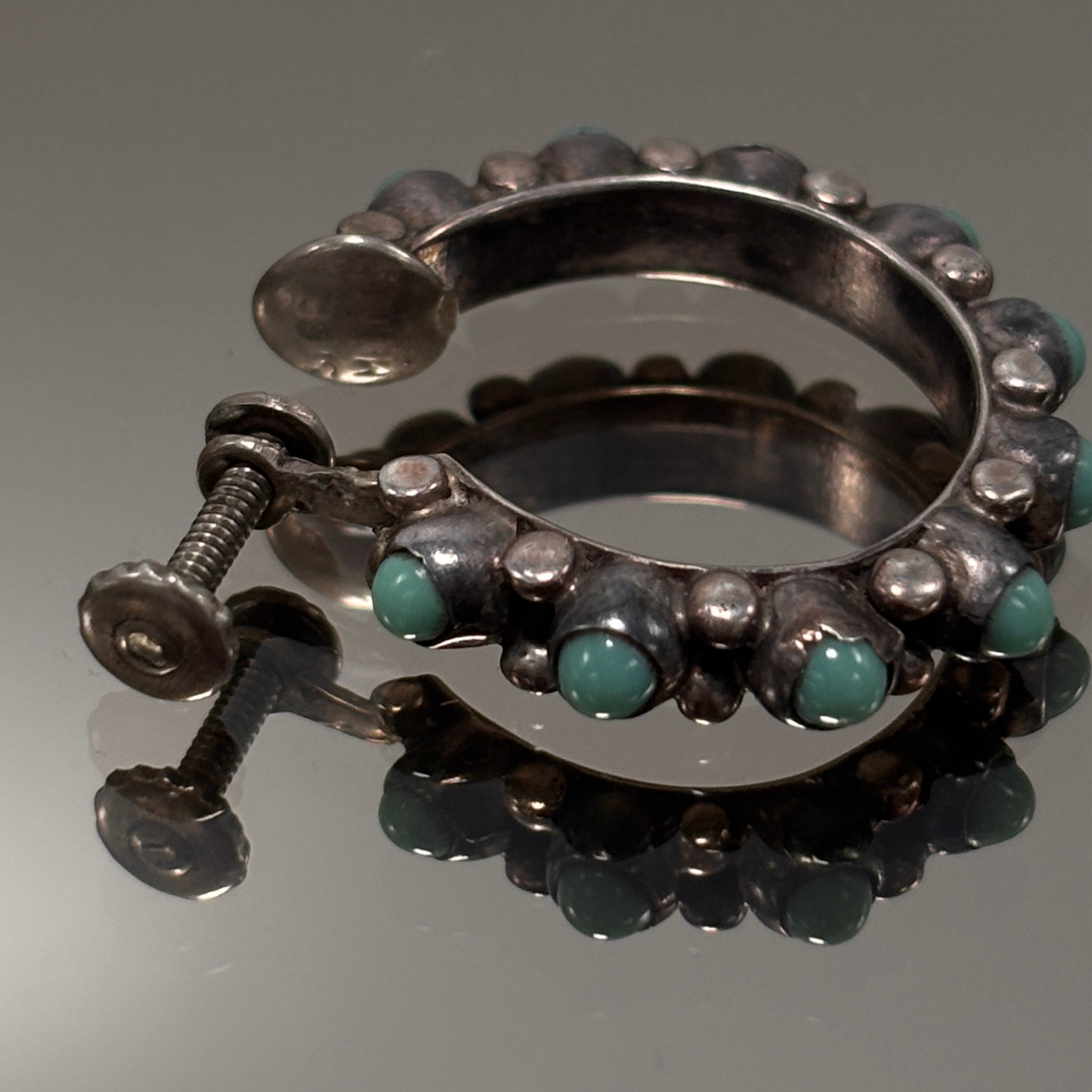 Vintage Mexican Silver & Turquoise Screw Back Hoop Earrings