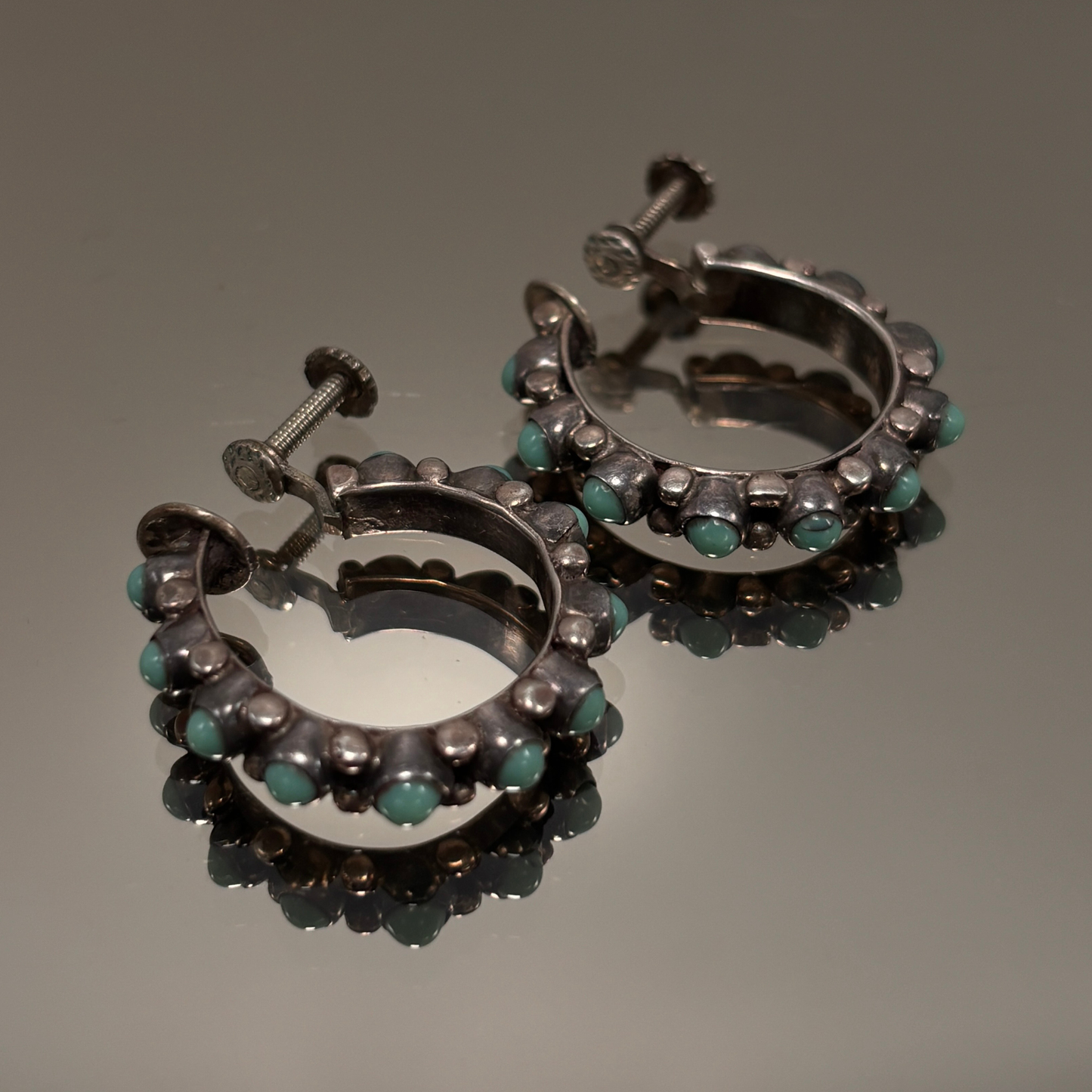 Vintage Mexican Silver & Turquoise Screw Back Hoop Earrings