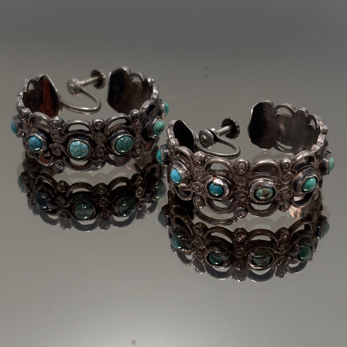 Vintage Mexican Silver Filigree & Turquoise Screw Back Hoop Earrings