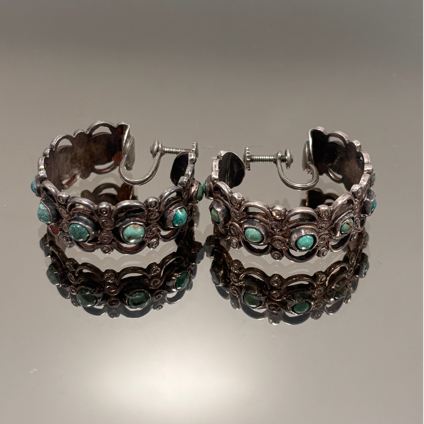 Vintage Mexican Silver Filigree & Turquoise Screw Back Hoop Earrings