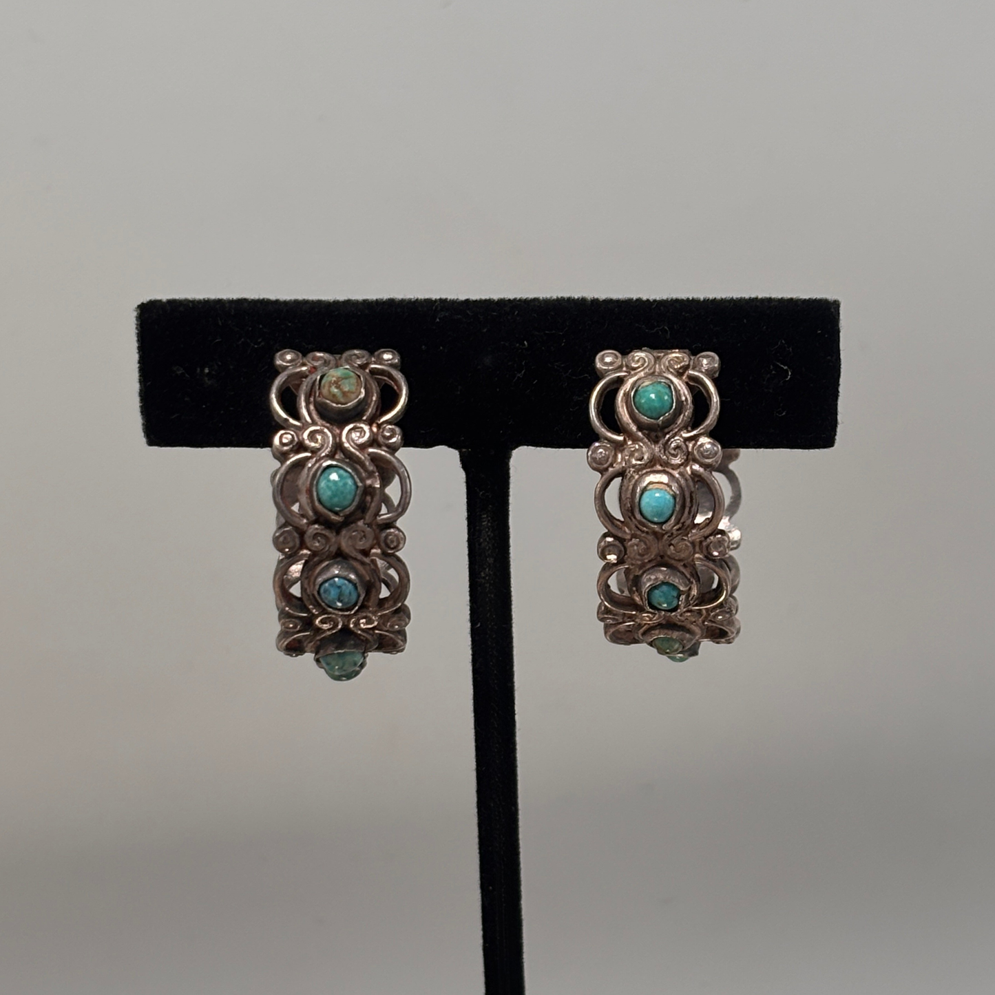 Vintage Mexican Silver Filigree & Turquoise Screw Back Hoop Earrings