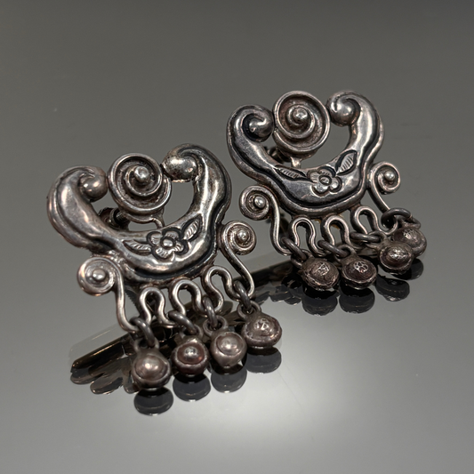 Vintage Mexican Silver Floral Dangle Screw Back Earrings