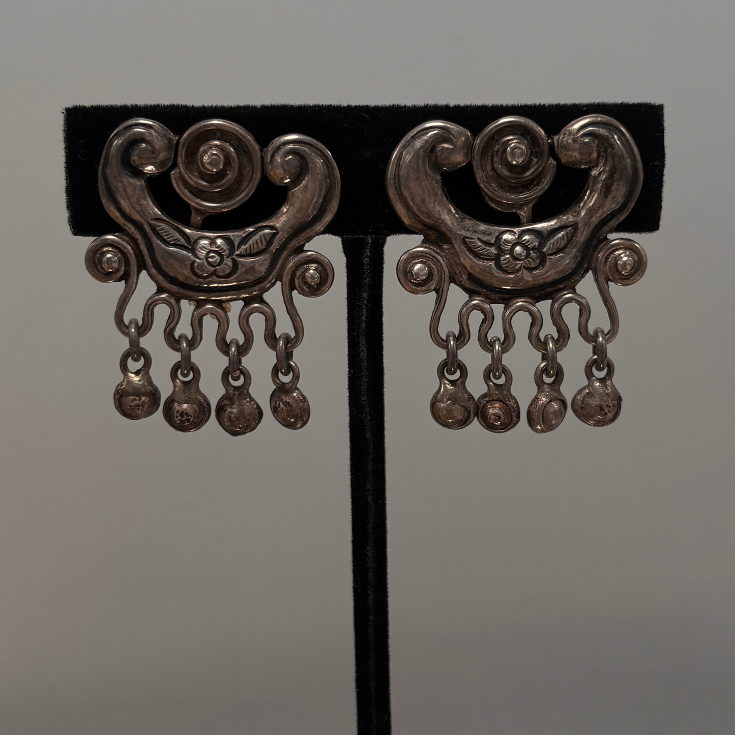 Vintage Mexican Silver Floral Dangle Screw Back Earrings