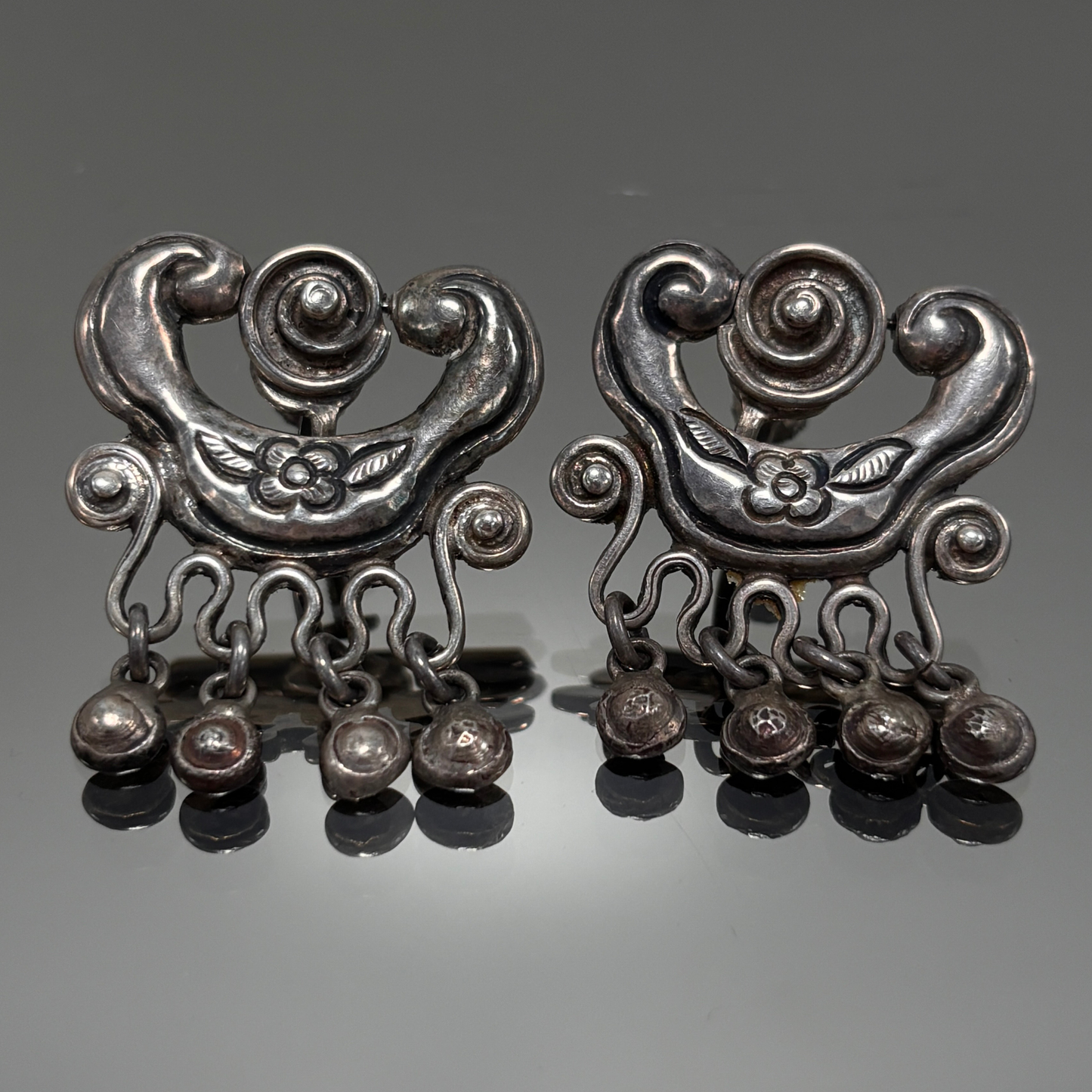 Vintage Mexican Silver Floral Dangle Screw Back Earrings