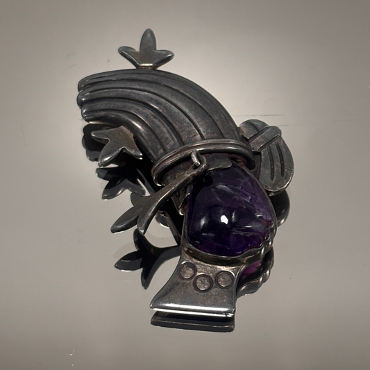 Los Ballesteros Mexican Sterling Silver and Carved Amethyst Face Convertible Brooch