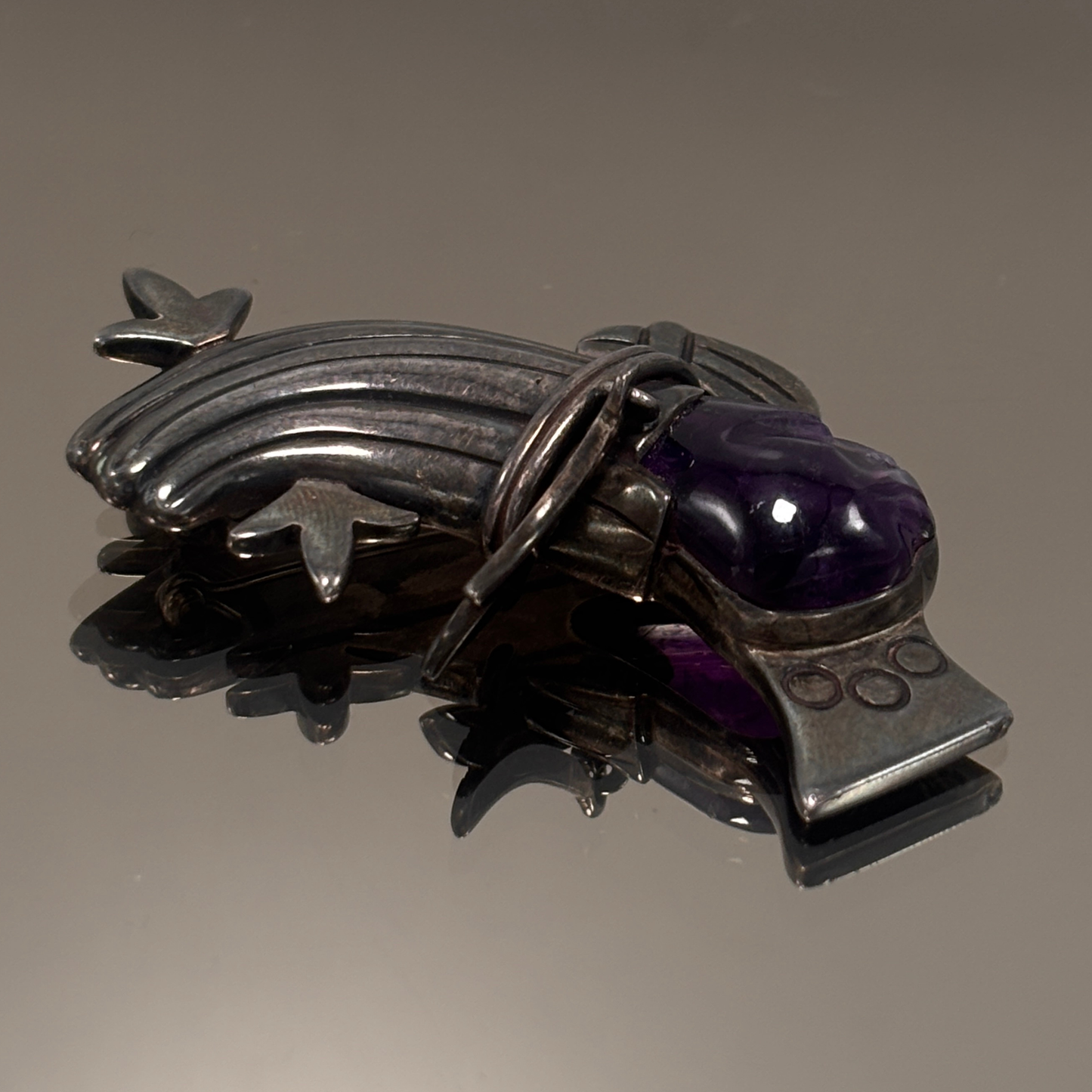 Los Ballesteros Mexican Sterling Silver and Carved Amethyst Face Convertible Brooch