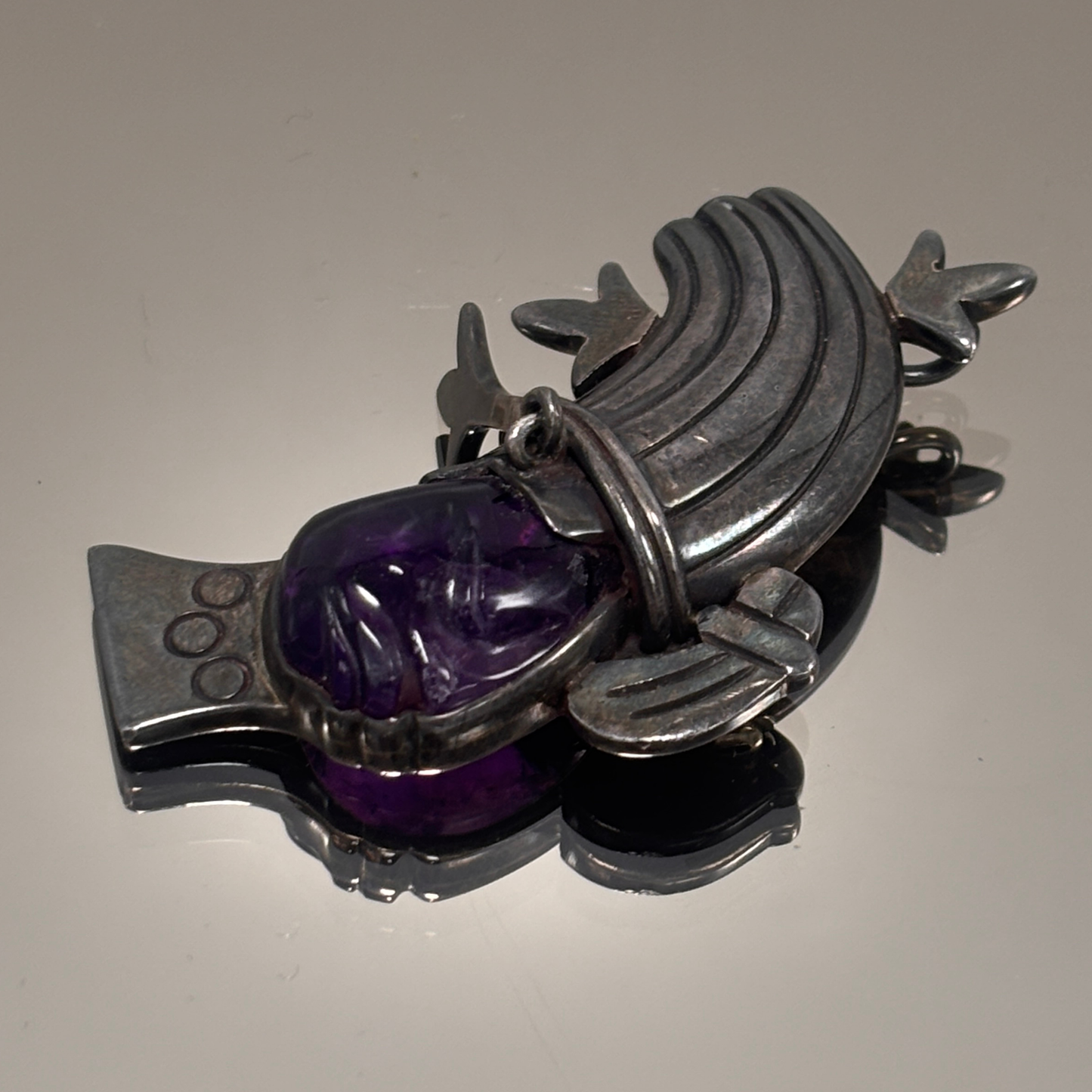 Los Ballesteros Mexican Sterling Silver and Carved Amethyst Face Convertible Brooch