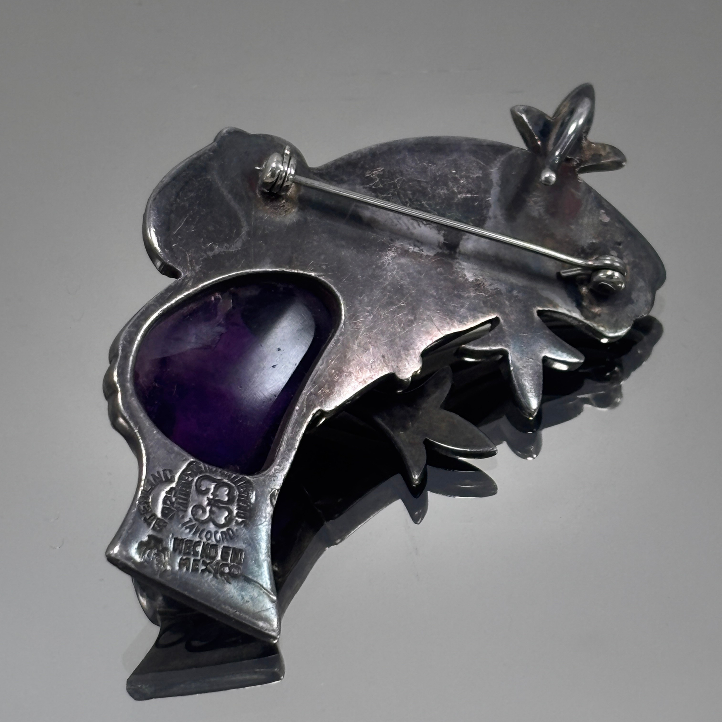 Los Ballesteros Mexican Sterling Silver and Carved Amethyst Face Convertible Brooch