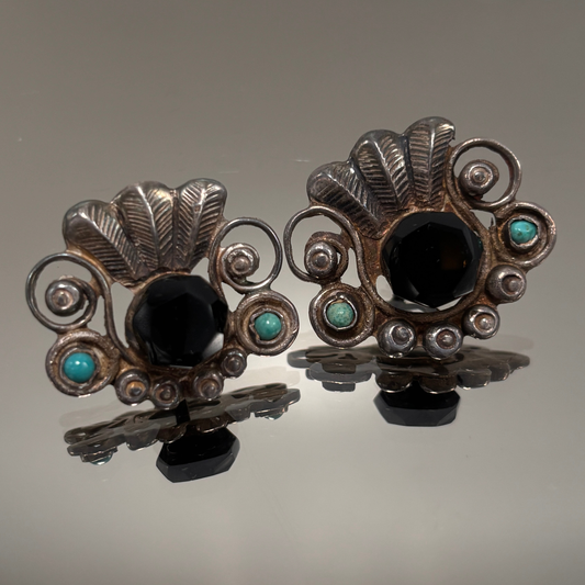 Vintage Mexican Silver Onyx & Turquoise Fan Screw Back Earrings