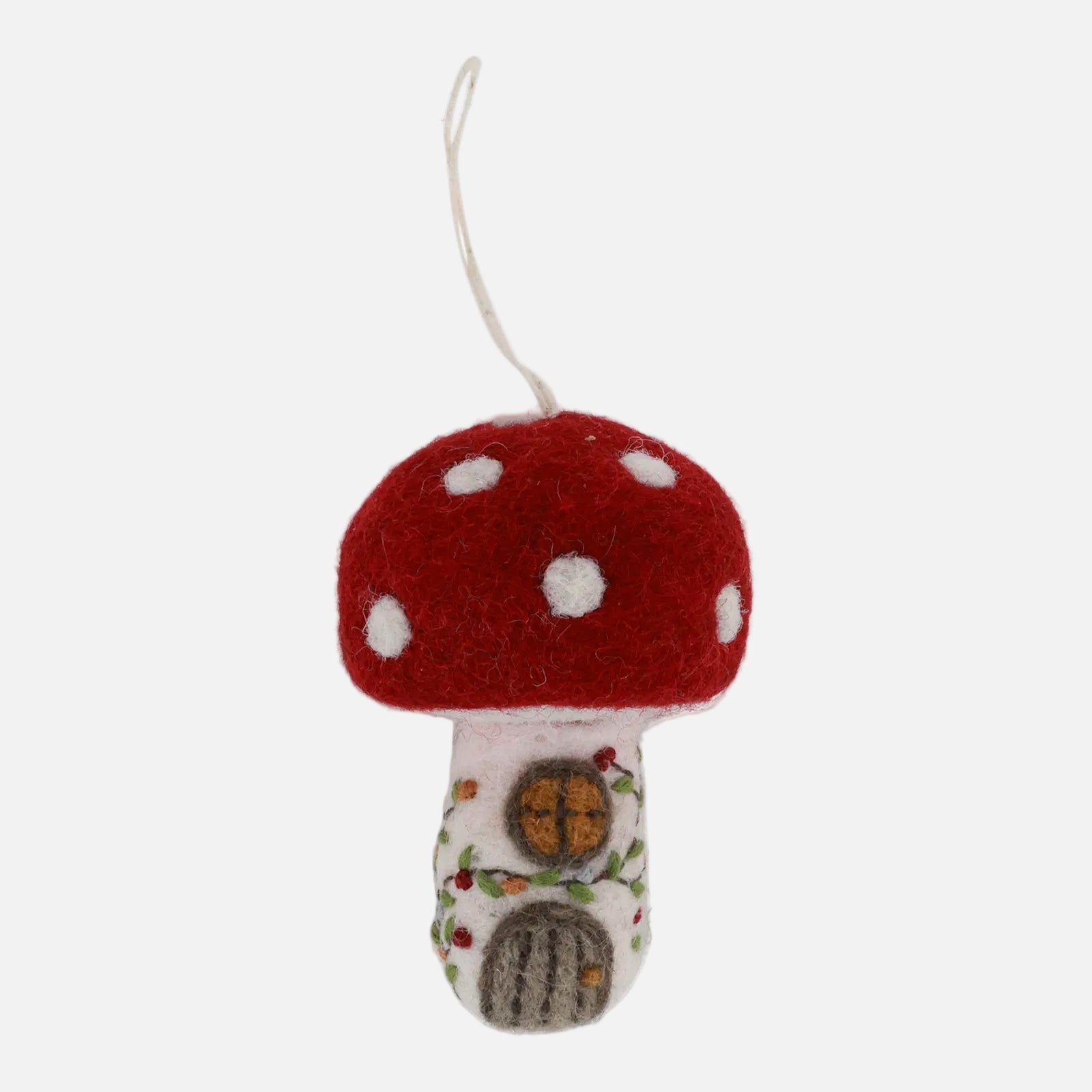 Felted toadstool ornament with a white background from Gry & Sif handmade fair trade